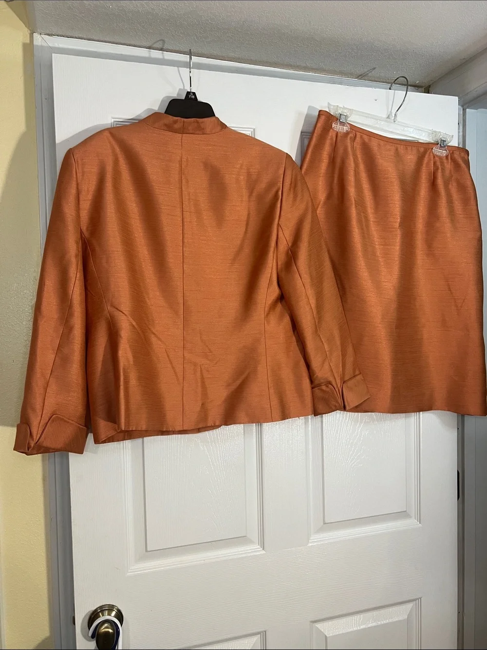 Le Suit Copper-Orange Satin Blazer and Skirt Set